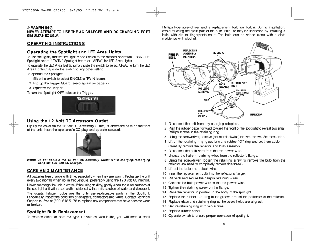 Black & Decker VEC158BD Operating Instructions, Operating the Spotlight and LED Area Lights, Care and Maintenance 