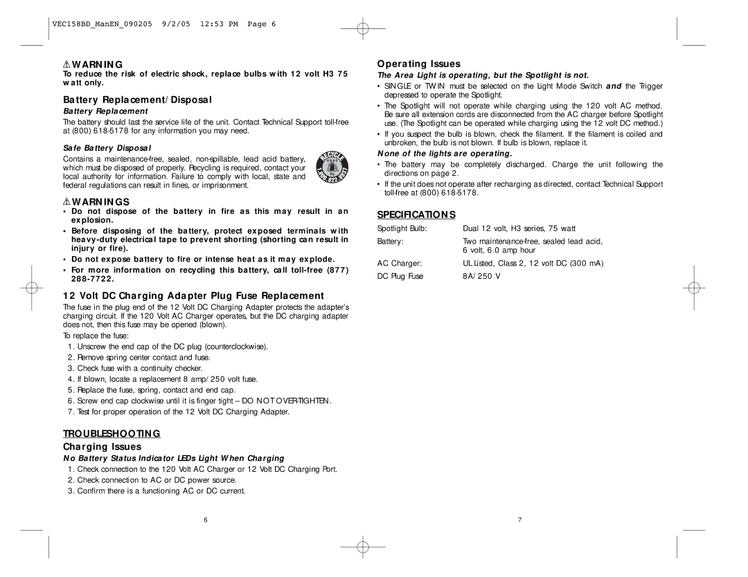 Black & Decker VEC158BD user manual Troubleshooting, Specifications 