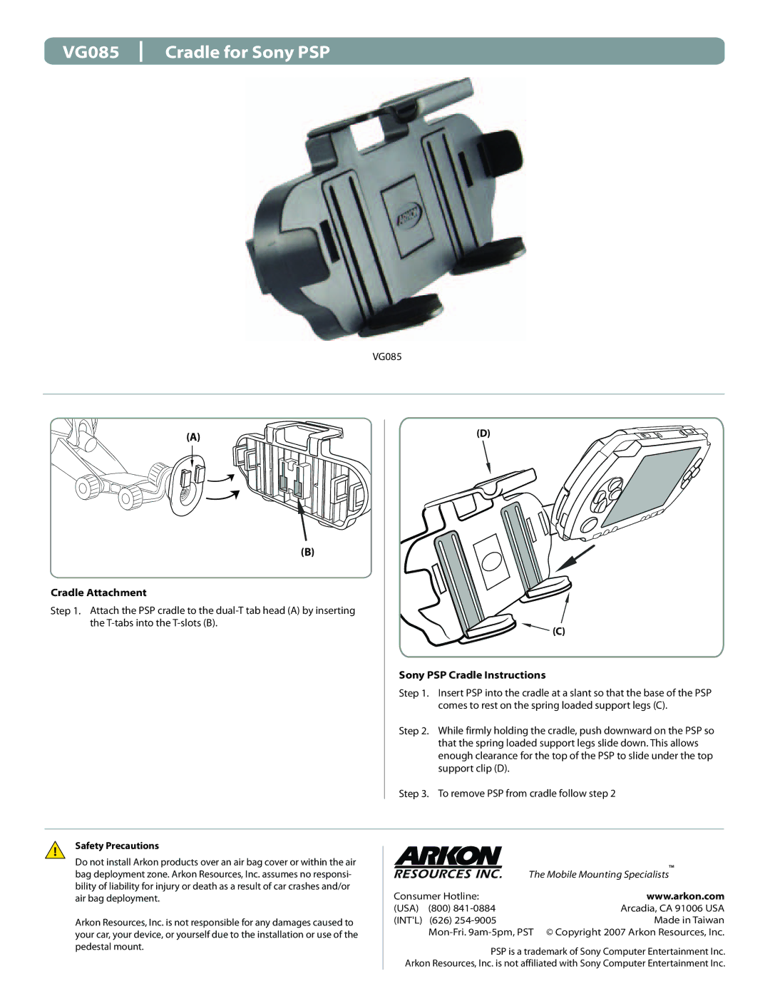 Black & Decker manual VG085 Cradle for Sony PSP, Cradle Attachment, Sony PSP Cradle Instructions, Safety Precautions 