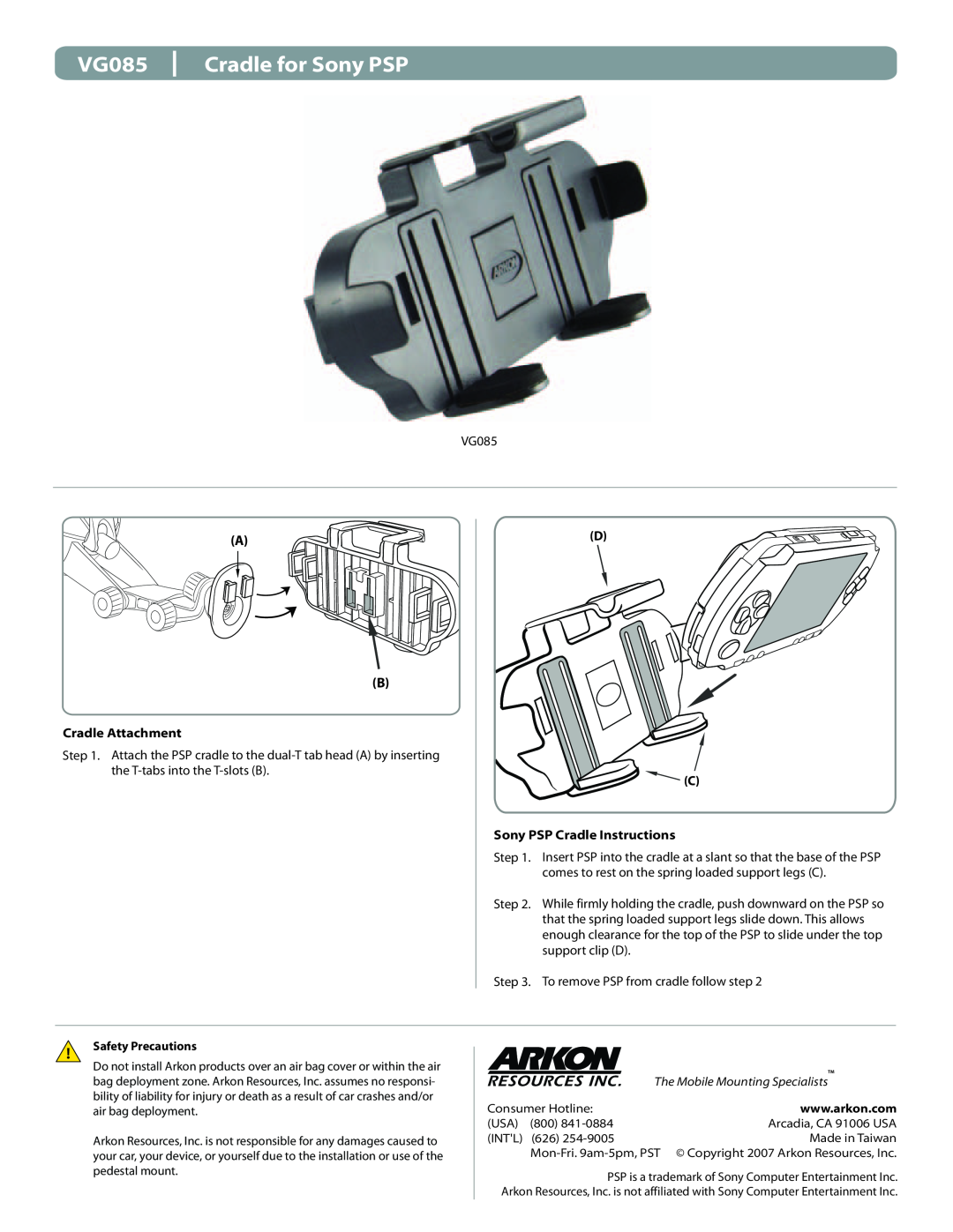 Black & Decker VG085 manual Cradle for Sony PSP, Cradle Attachment, D C Sony PSP Cradle Instructions, Safety Precautions 