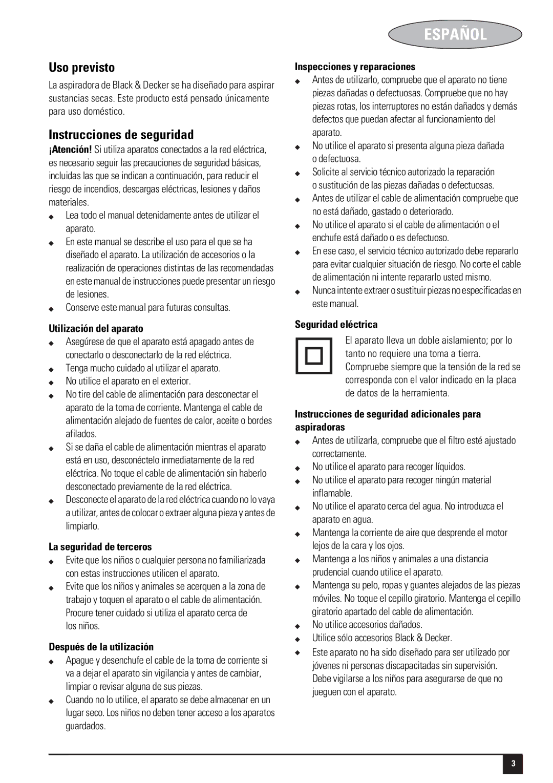 Black & Decker 188214-00, VH800 instruction manual Español, Uso previsto, Instrucciones de seguridad 