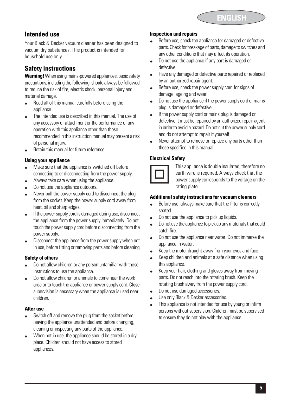 Black & Decker 188214-00, VH800 instruction manual English, Intended use, Safety instructions 