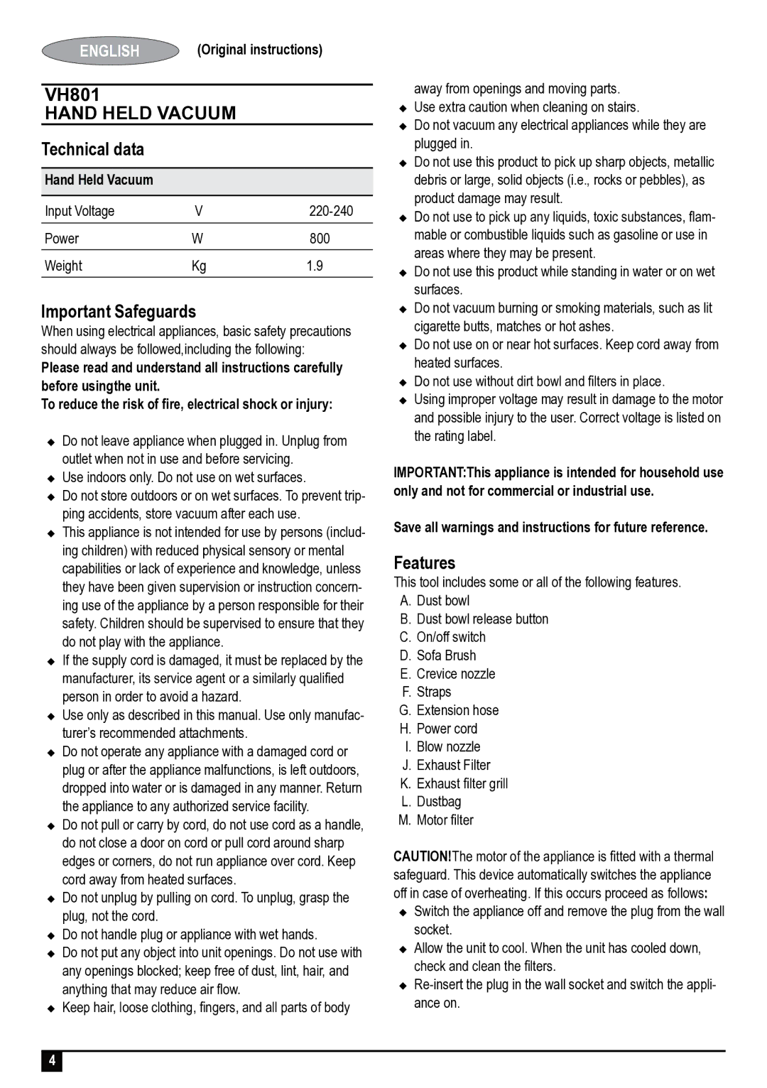 Black & Decker VH801 manual Technical data, Important Safeguards, Features 