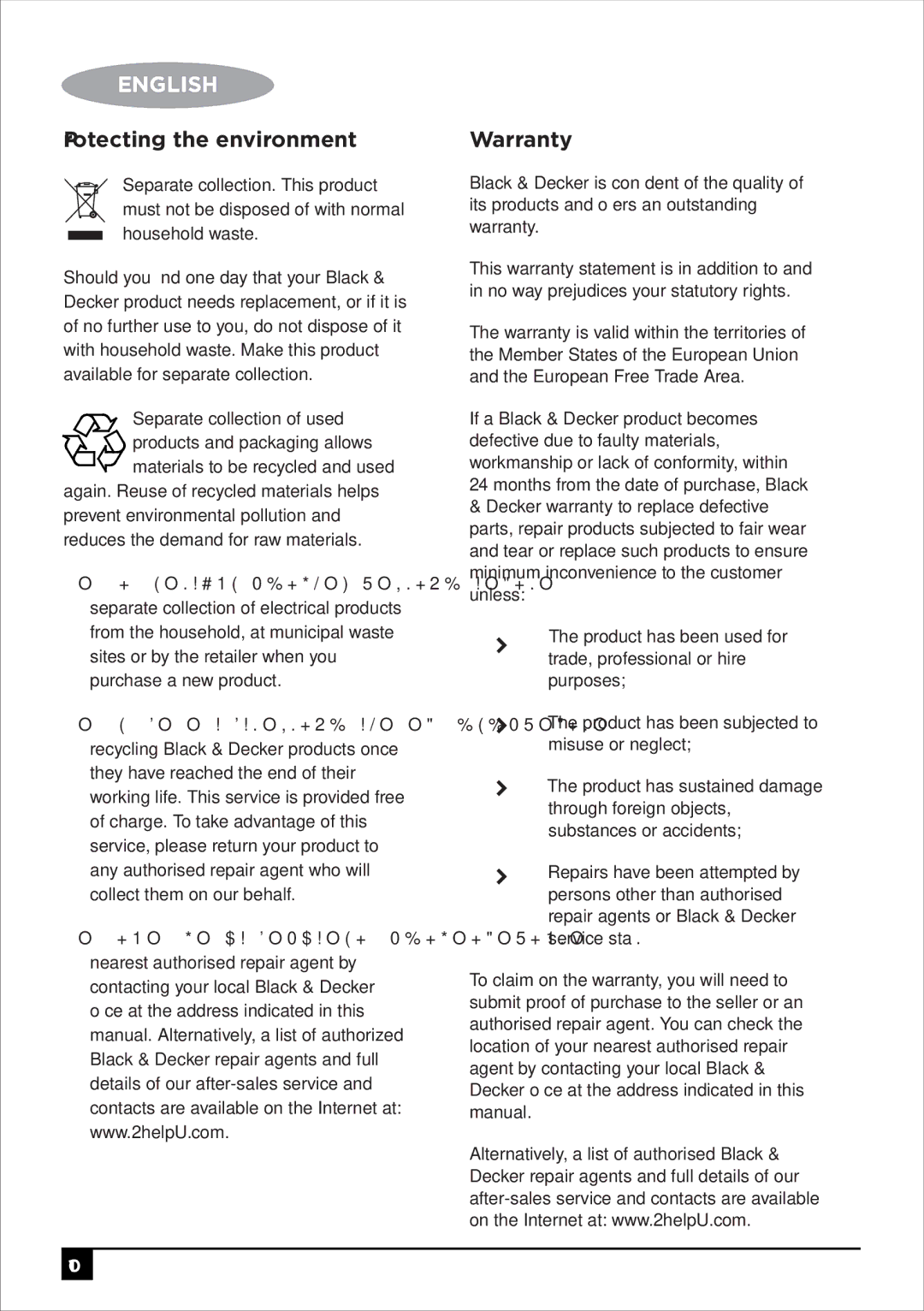 Black & Decker VM1450 manual Protecting the environment, Warranty 