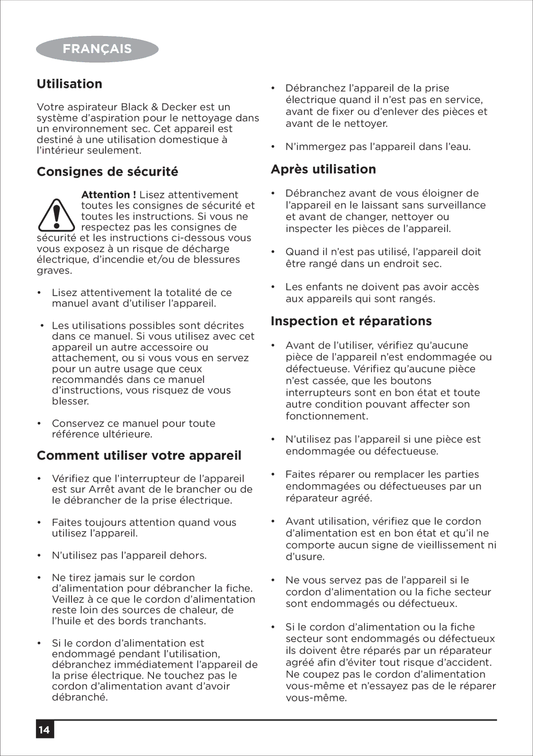 Black & Decker VM1450 manual Utilisation, Consignes de sécurité, Comment utiliser votre appareil, Après utilisation 