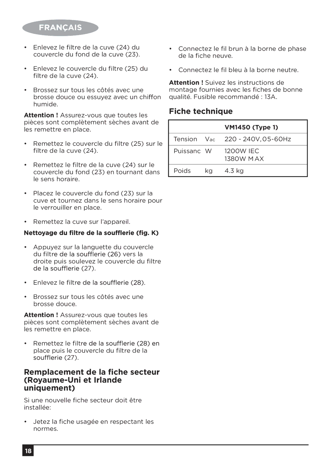 Black & Decker manual Fiche technique, VM1450 Type 