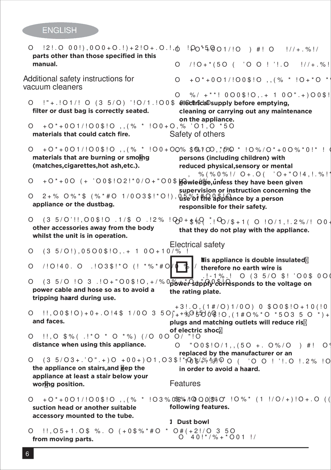 Black & Decker VM1450 Additional safety instructions for vacuum cleaners, Safety of others, Electrical safety, Features 