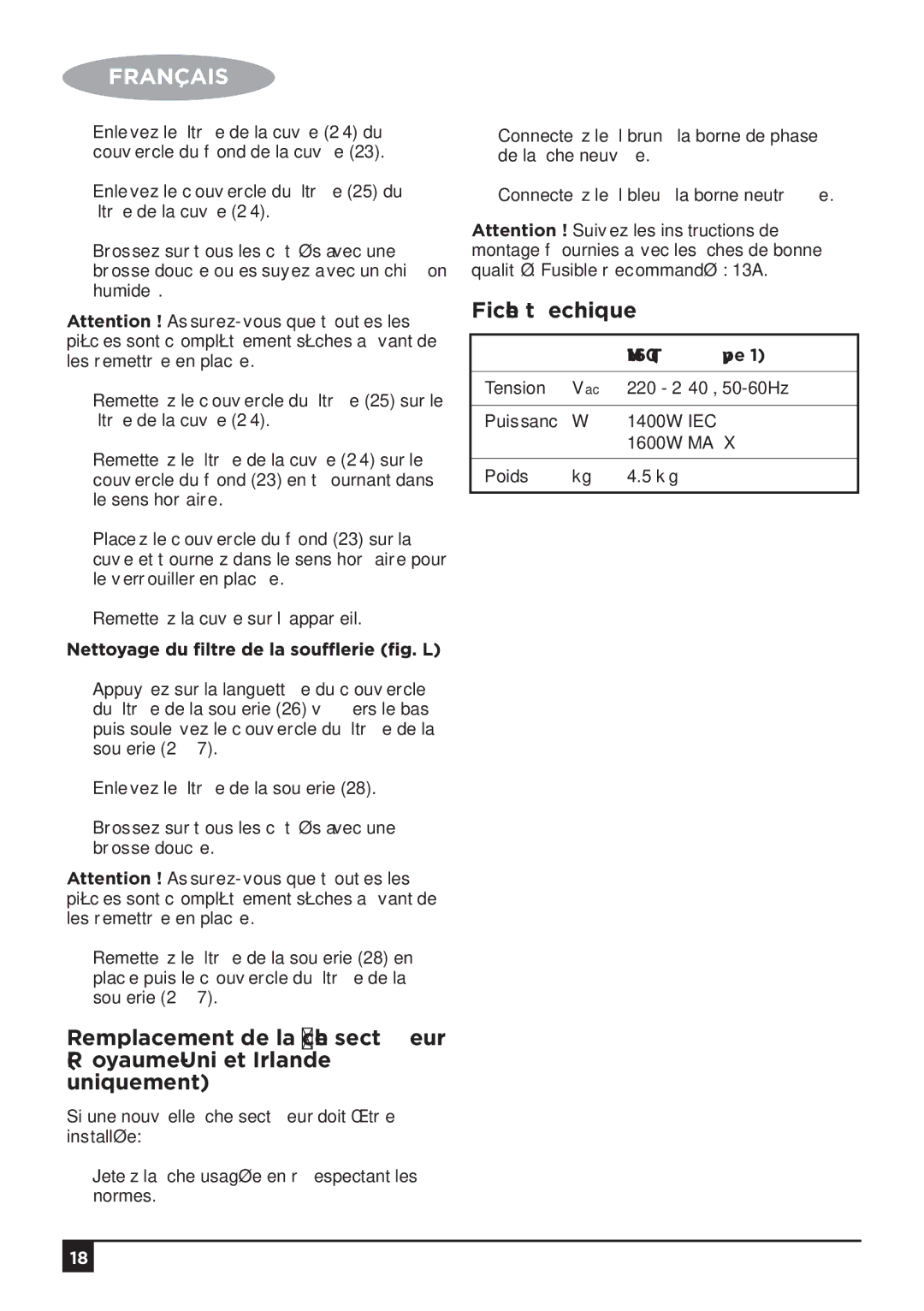 Black & Decker manual Fiche technique, VM1650 Type 