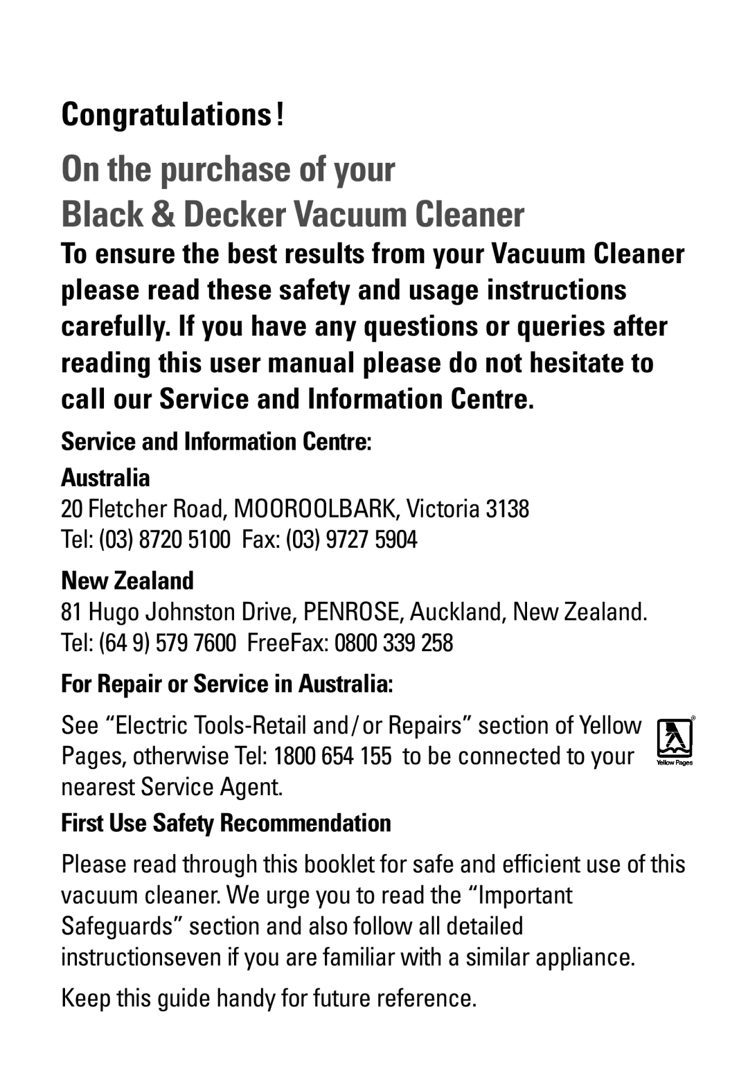 Black & Decker VM800, VM400, VM650 instruction manual On the purchase of your Black & Decker Vacuum Cleaner 