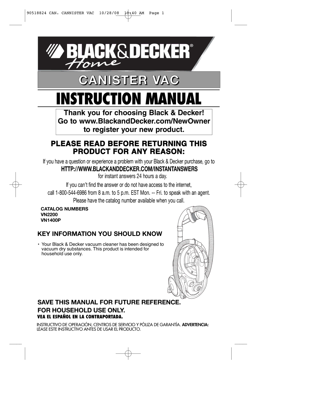 Black & Decker 90518824 instruction manual Catalog Numbers, VN2200 VN1400P, VEA EL Español EN LA Contraportada 