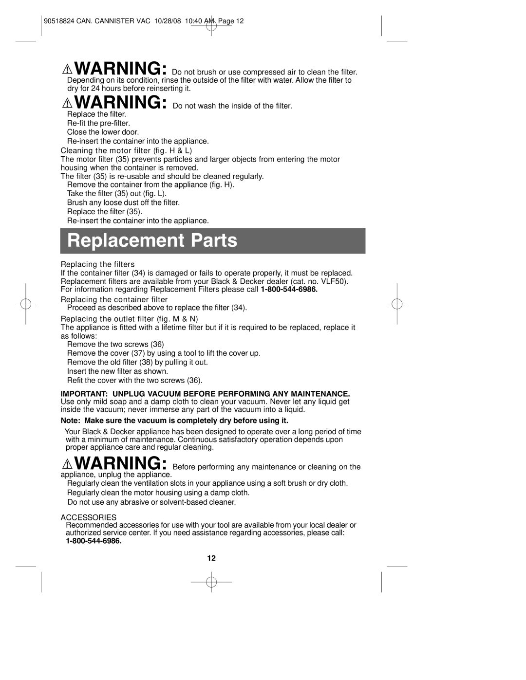 Black & Decker VN2200, 90518824 instruction manual Replacement Parts, Accessories 