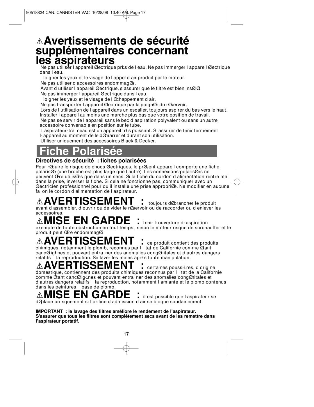 Black & Decker 90518824, VN2200 instruction manual Fiche Polarisée, Directives de sécurité fiches polarisées 