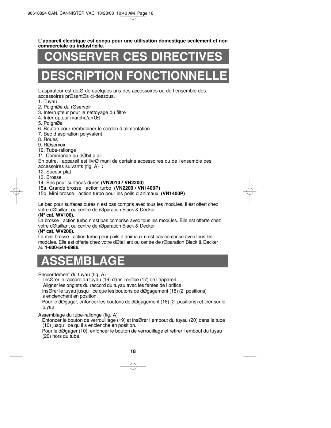 Black & Decker VN2200 Conserver CES Directives Description Fonctionnelle, Assemblage, Raccordement du tuyau fig. a 