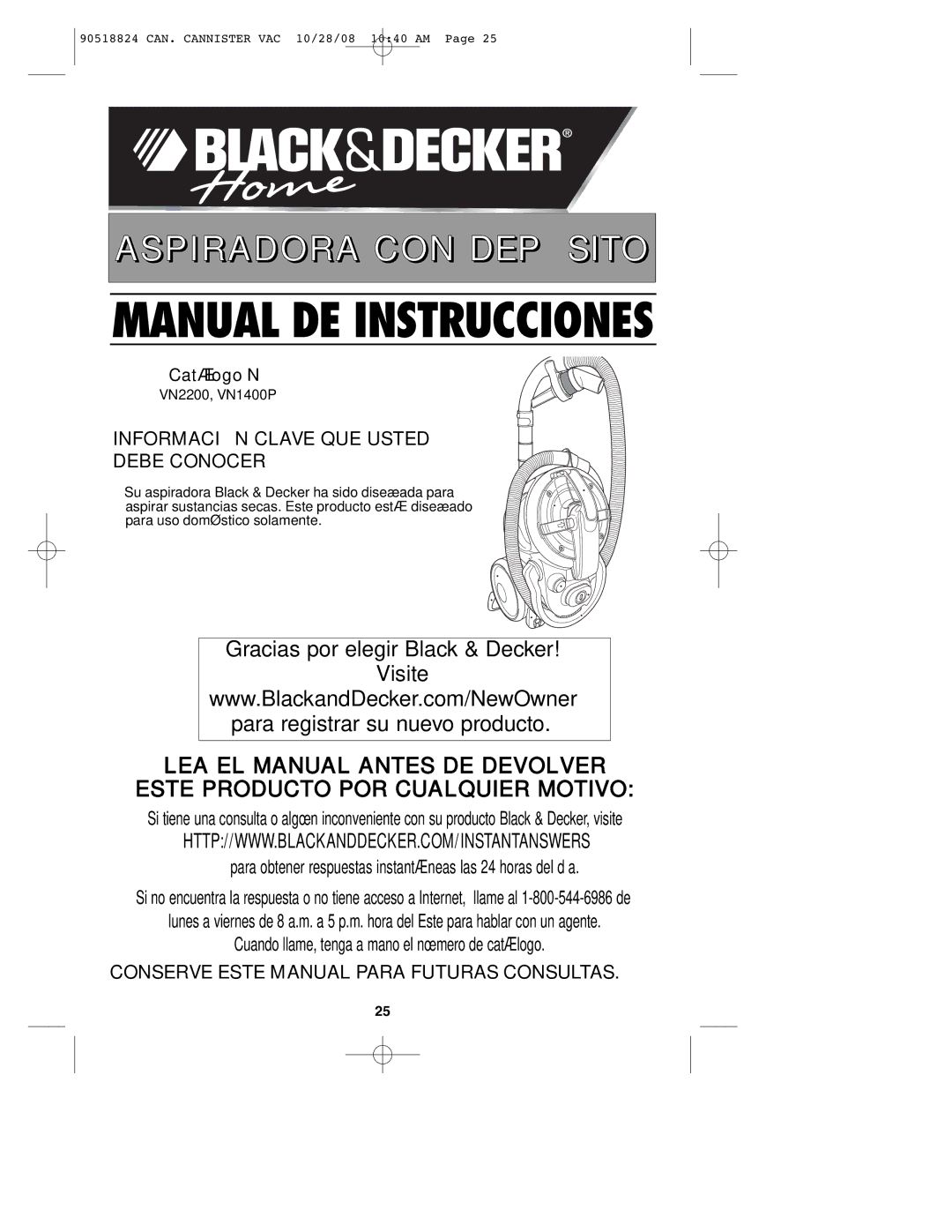 Black & Decker 90518824 instruction manual Manual DE Instrucciones, VN2200, VN1400P 