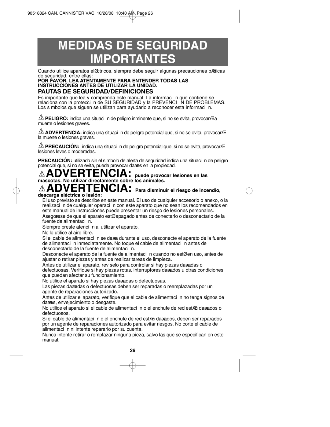 Black & Decker VN2200, 90518824 instruction manual Medidas DE Seguridad Importantes, Pautas DE SEGURIDAD/DEFINICIONES 