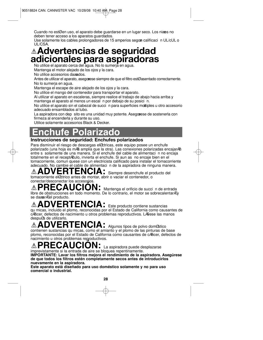 Black & Decker VN2200, 90518824 Advertencias de seguridad adicionales para aspiradoras, Enchufe Polarizado 