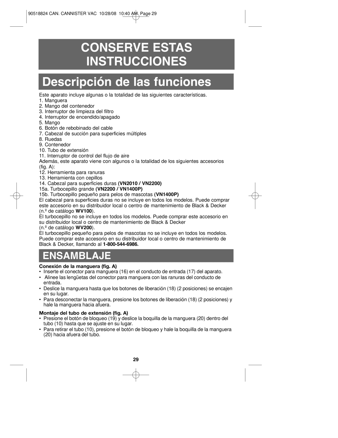 Black & Decker 90518824, VN2200 Conserve Estas Instrucciones, Descripción de las funciones, Conexión de la manguera fig. a 