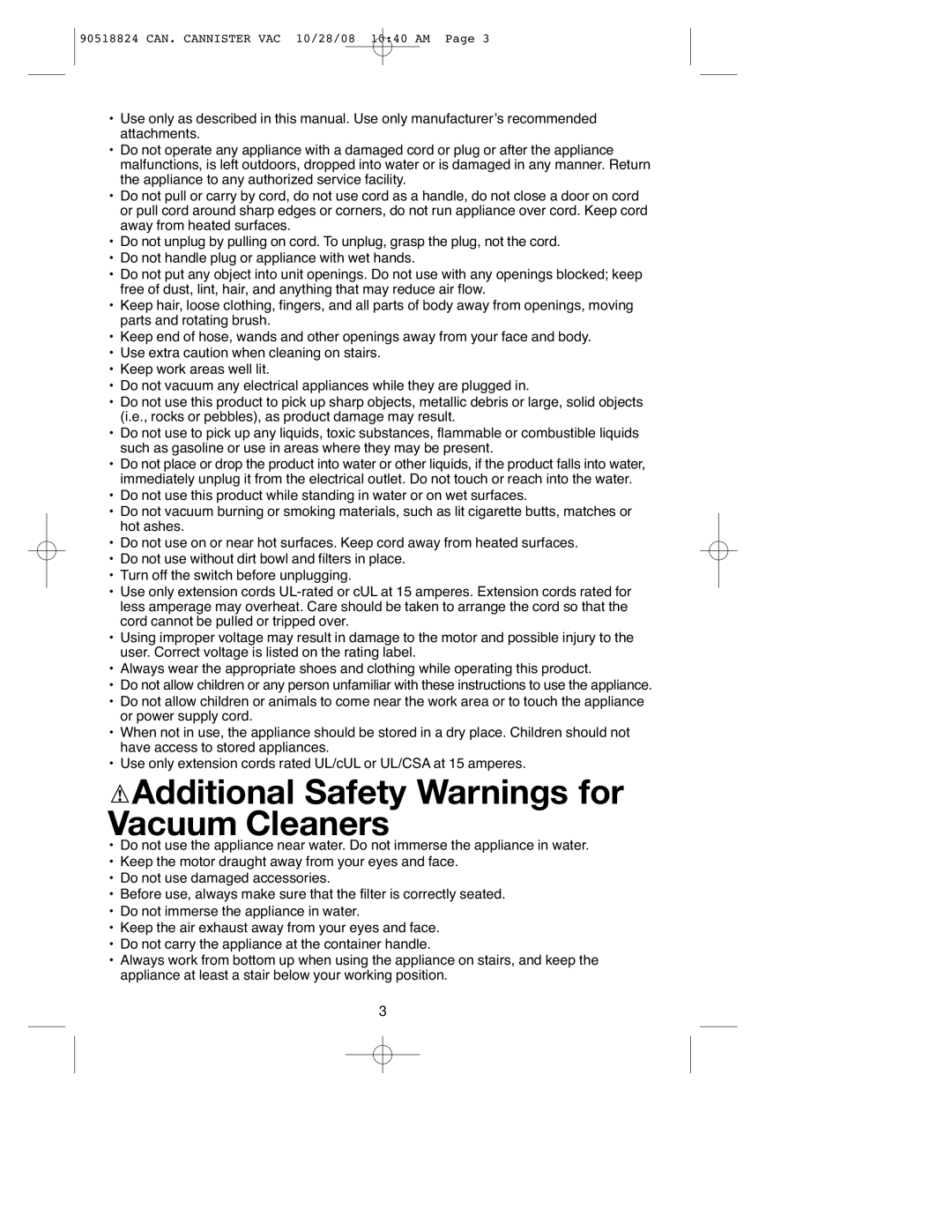 Black & Decker 90518824, VN2200 instruction manual Additional Safety Warnings for Vacuum Cleaners 