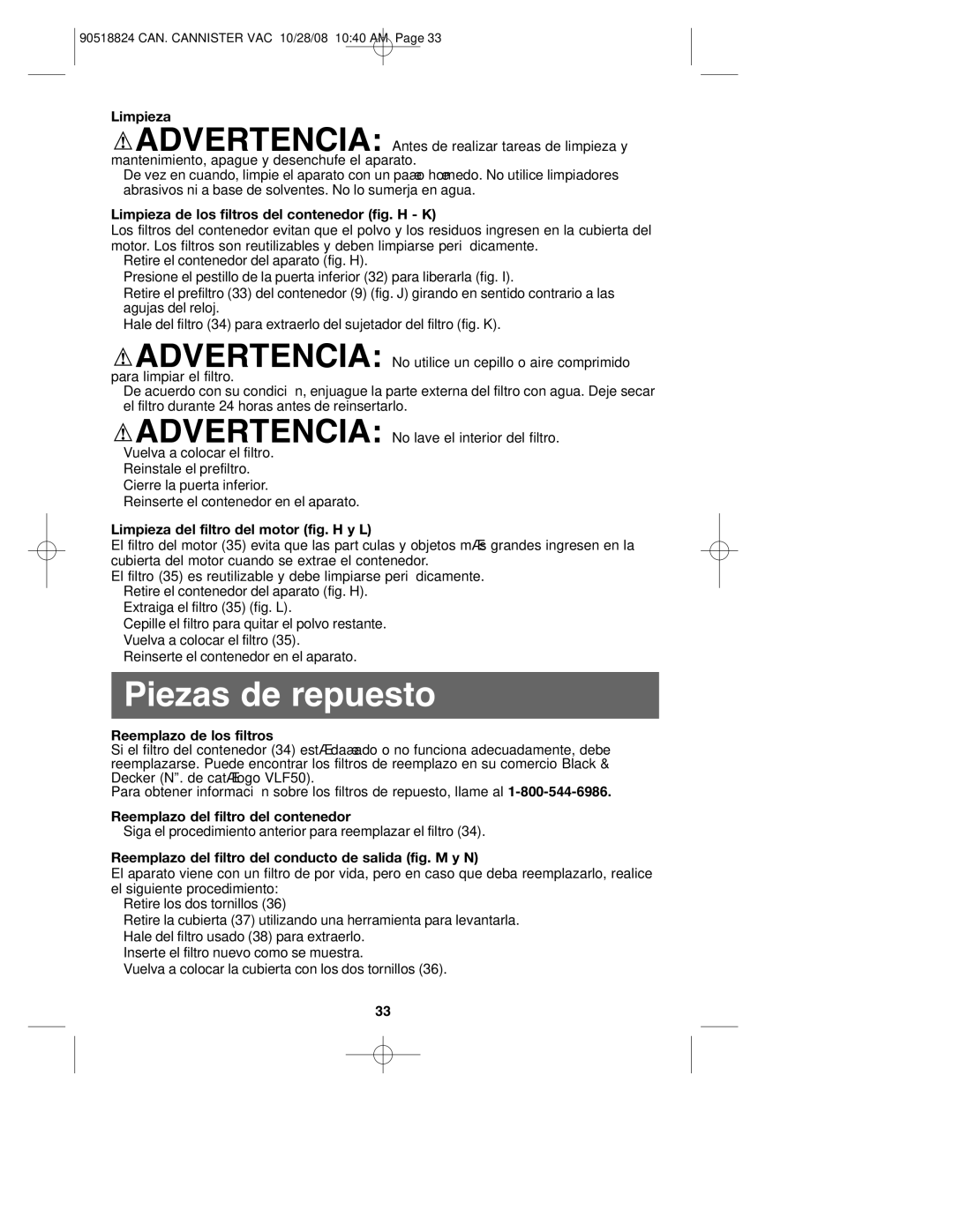 Black & Decker 90518824, VN2200 instruction manual Piezas de repuesto 