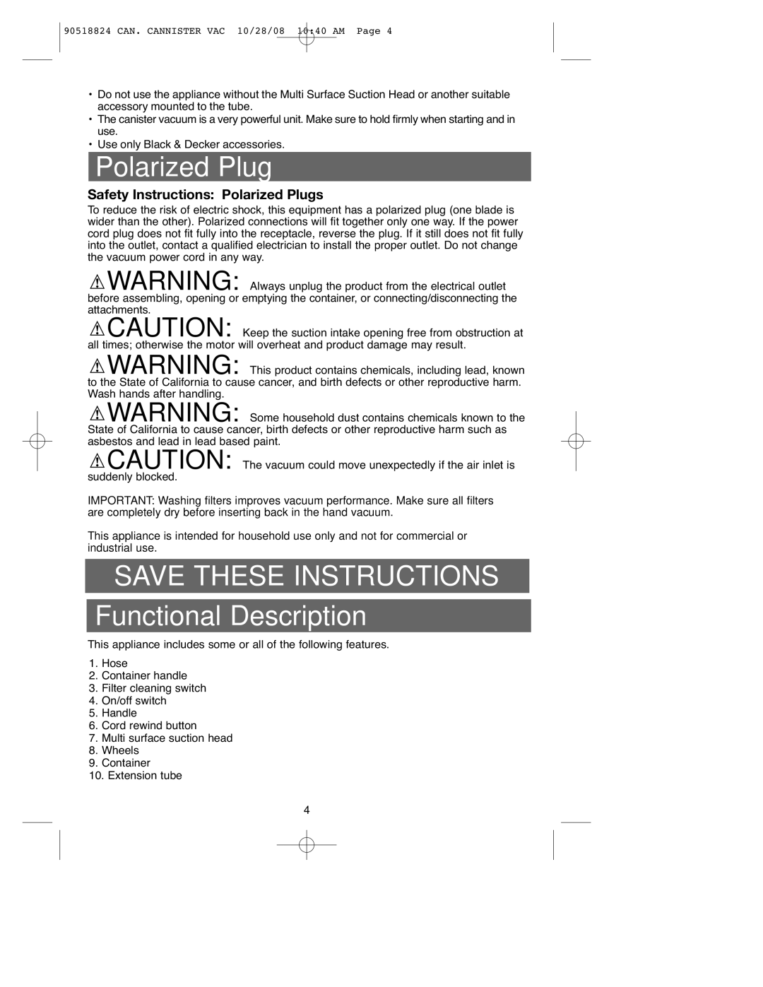 Black & Decker VN2200, 90518824 instruction manual Polarized Plug, Functional Description 