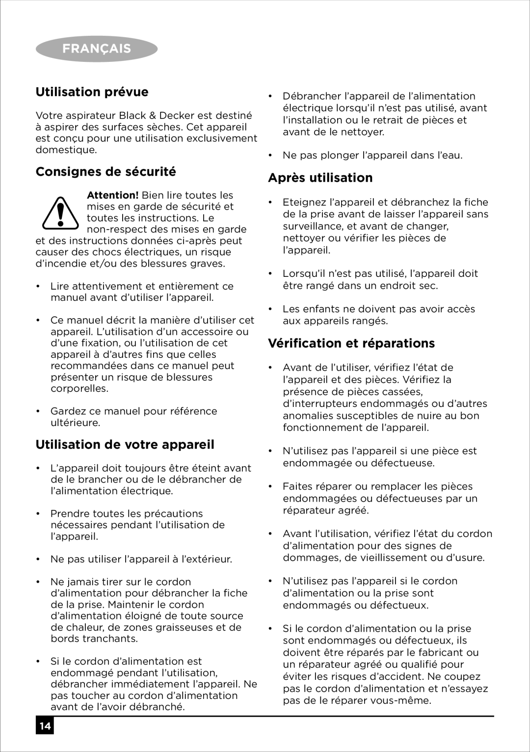 Black & Decker VO1850 manual Utilisation prévue, Consignes de sécurité, Utilisation de votre appareil, Après utilisation 