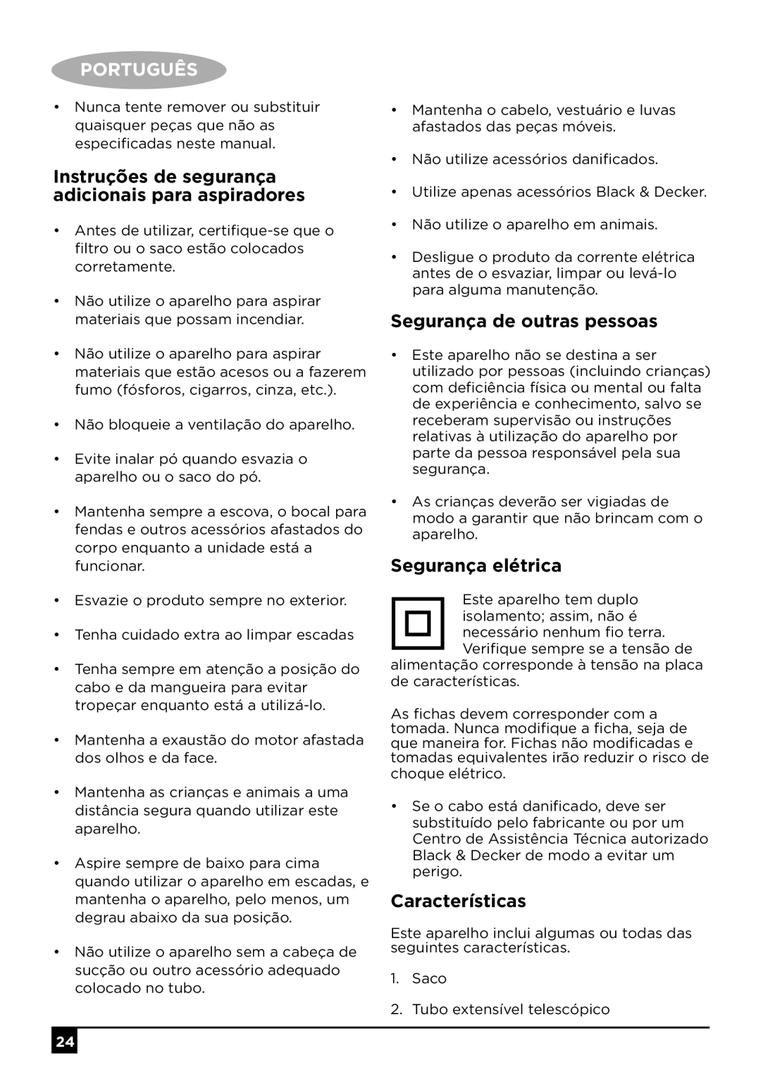 Black & Decker VO1850 Instruções de segurança adicionais para aspiradores, Segurança de outras pessoas, Segurança elétrica 