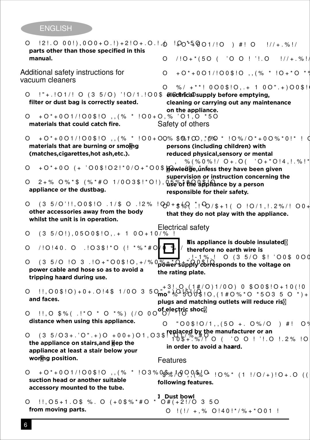 Black & Decker VO1850 Additional safety instructions for vacuum cleaners, Safety of others, Electrical safety, Features 