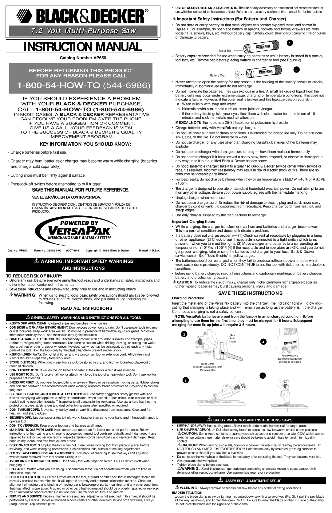 Black & Decker VP850 important safety instructions Safety Warnings and Instructions Saws, ASSEMBLY/ Adjustment SET-UP 