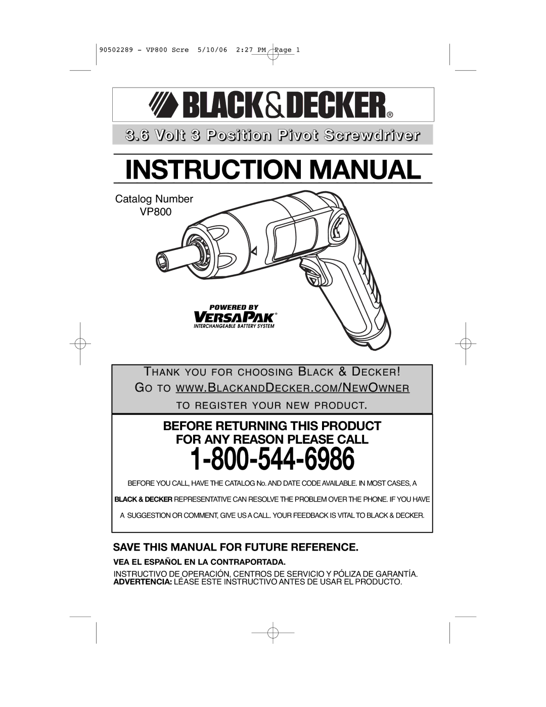 Black & Decker VP800 instruction manual Volt 3 Position Pivot Screwdriver, VEA EL Español EN LA Contraportada 