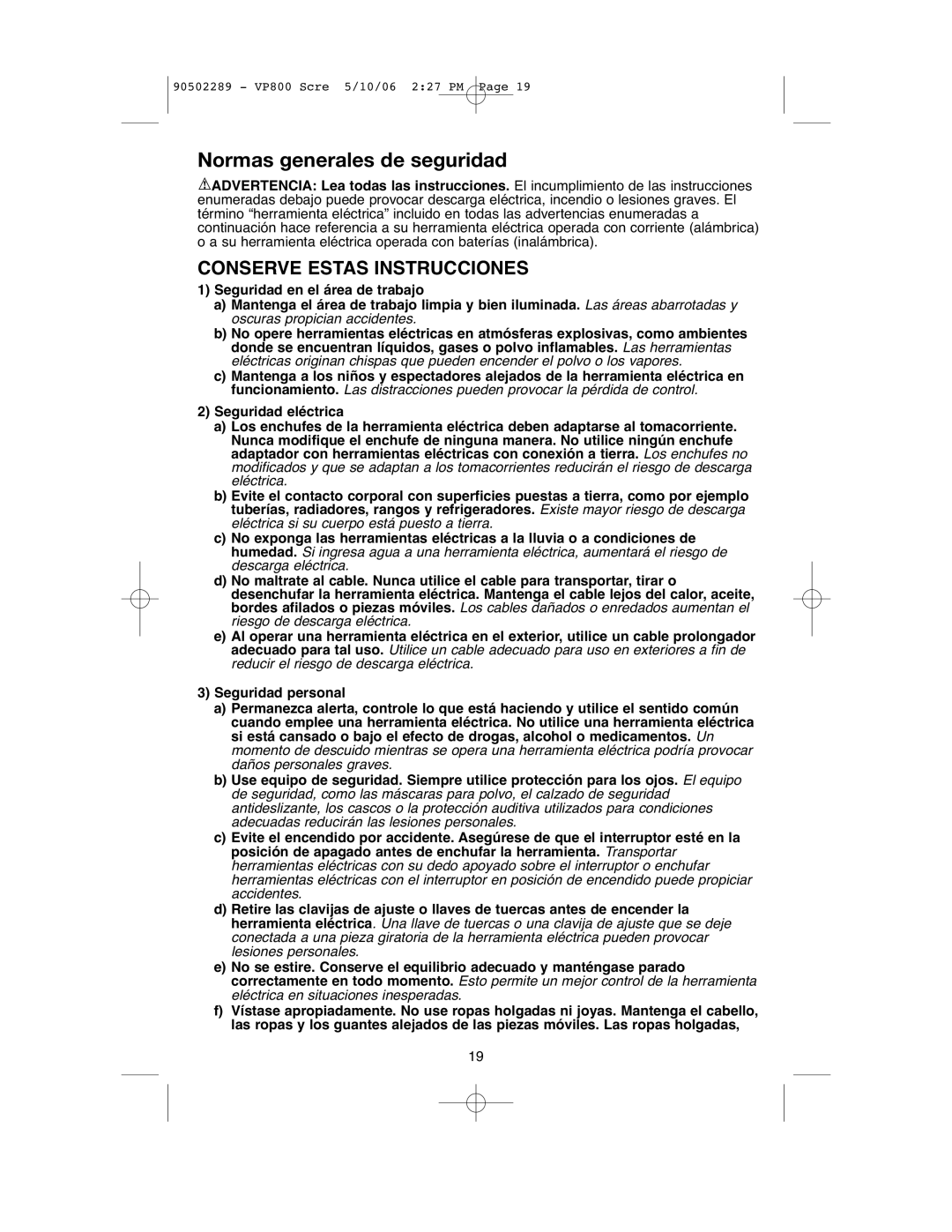 Black & Decker VP800 instruction manual Normas generales de seguridad, Conserve Estas Instrucciones 