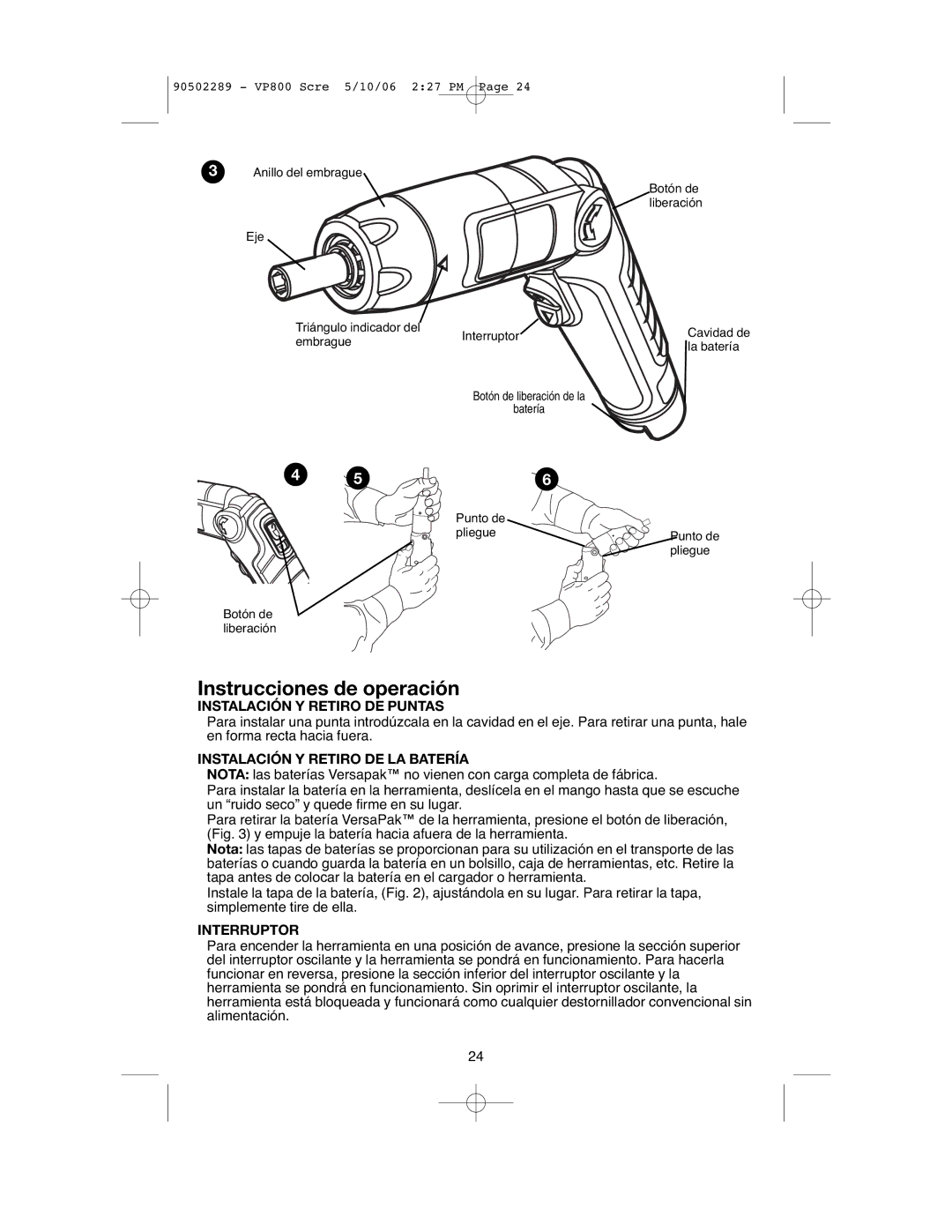 Black & Decker VP800 Instrucciones de operación, Instalación Y Retiro DE Puntas, Instalación Y Retiro DE LA Batería 