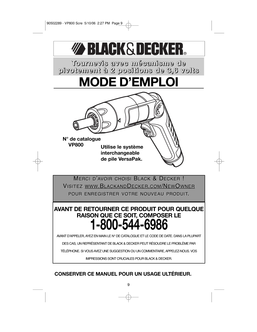 Black & Decker VP800 instruction manual Mode D’EMPLOI 