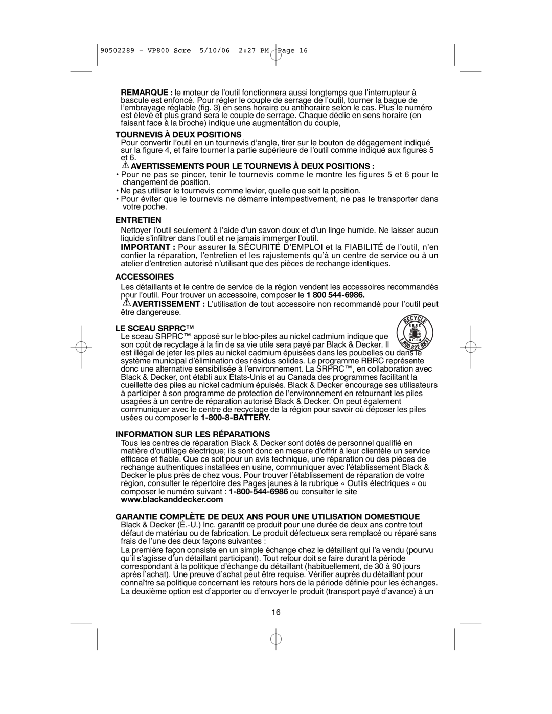 Black & Decker VP800 Avertissements Pour Le Tournevis À Deux Positions, Entretien, Accessoires, Le Sceau Srprc 