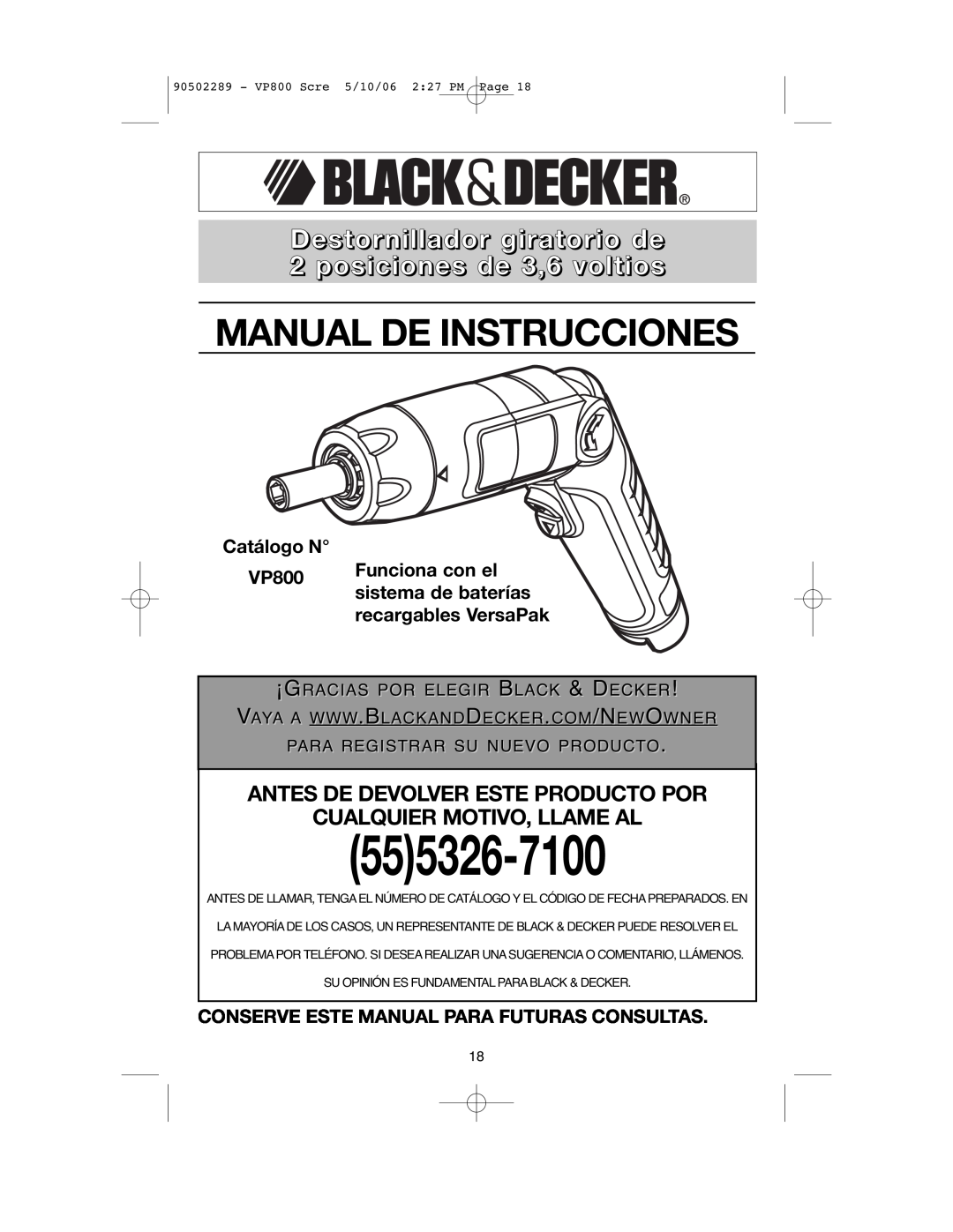 Black & Decker VP800 Destornillador giratorio de 2 posiciones de 3,6 voltios, Catálogo N, Funciona con el, 555326-7100 