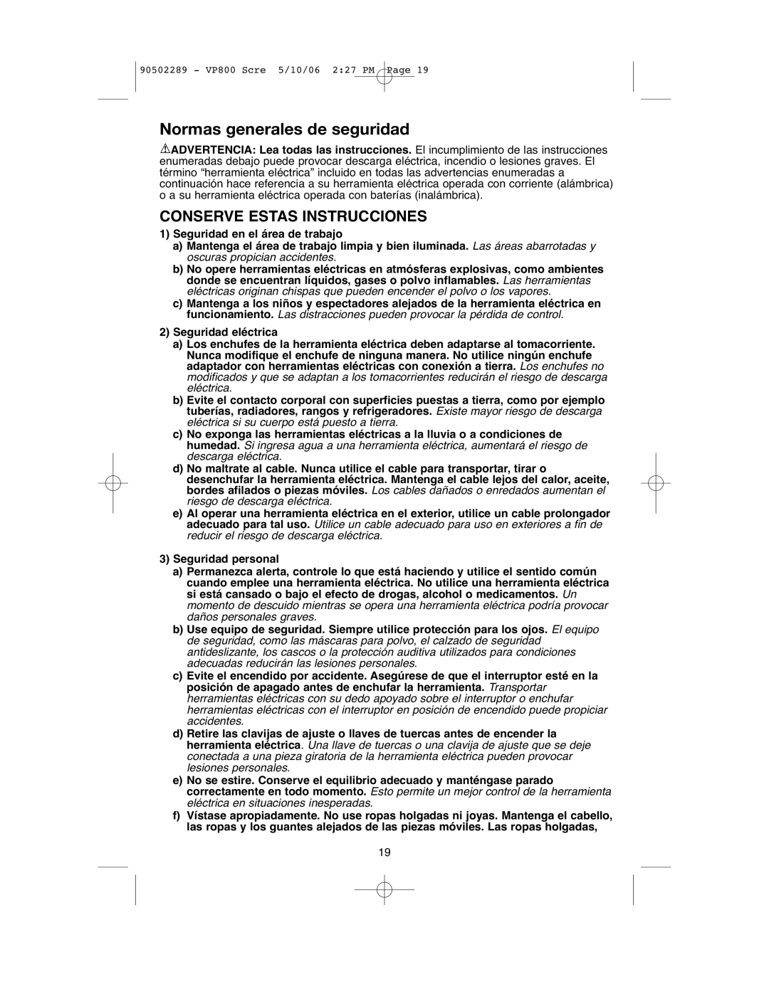 Black & Decker VP800 instruction manual Normas generales de seguridad, Conserve Estas Instrucciones 