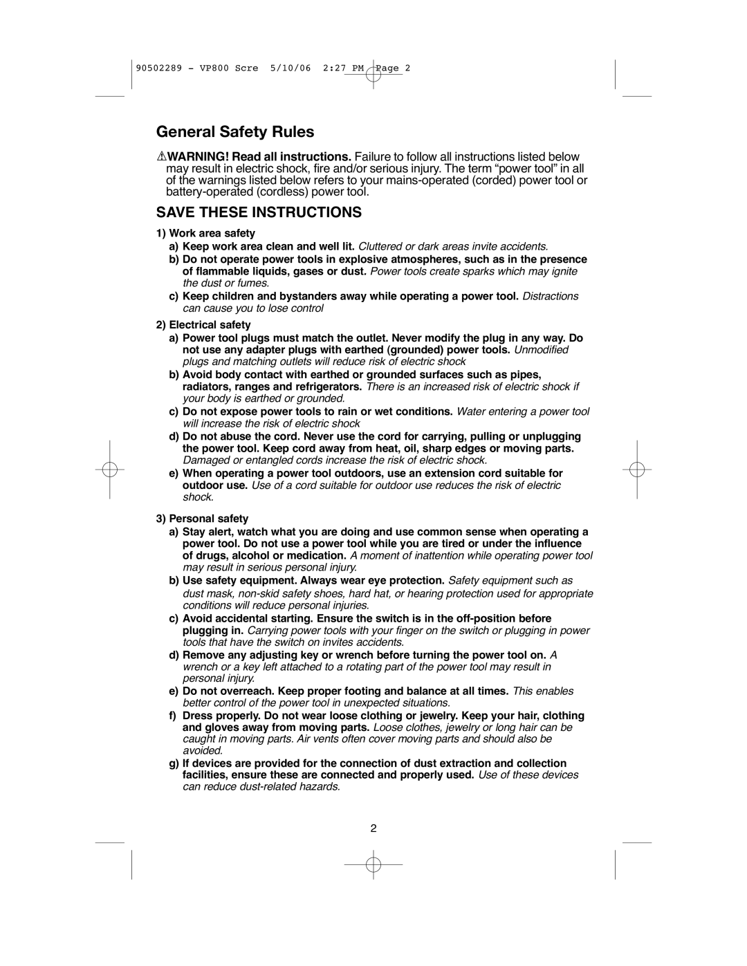 Black & Decker VP800 instruction manual General Safety Rules, Save These Instructions 