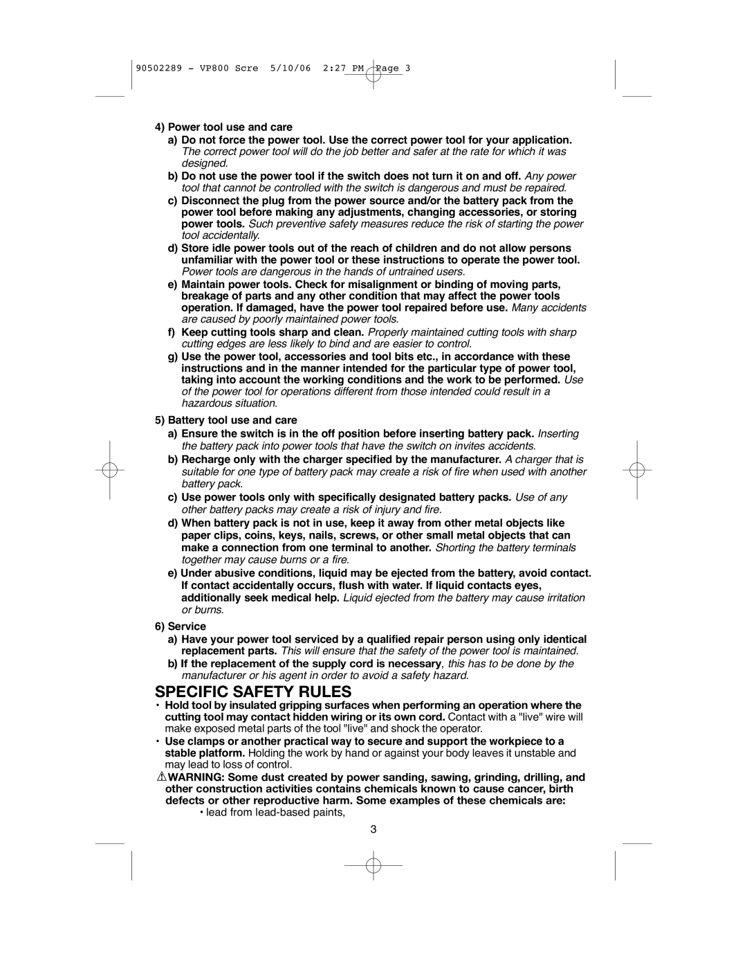 Black & Decker VP800 instruction manual Specific Safety Rules 