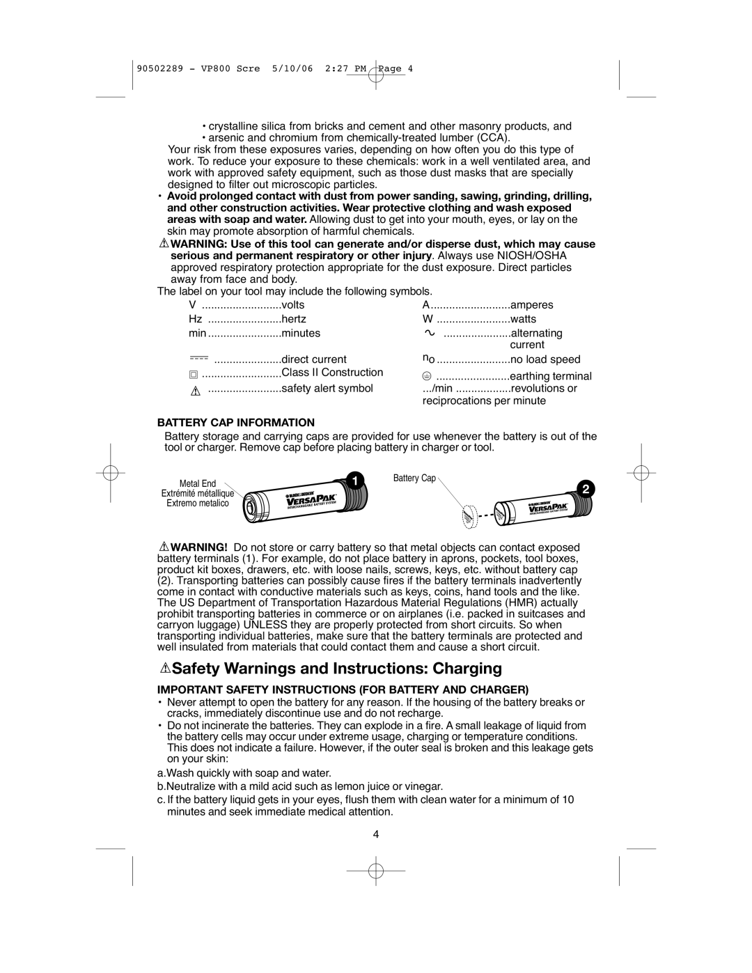Black & Decker VP800 instruction manual Safety Warnings and Instructions Charging, Battery Cap Information 