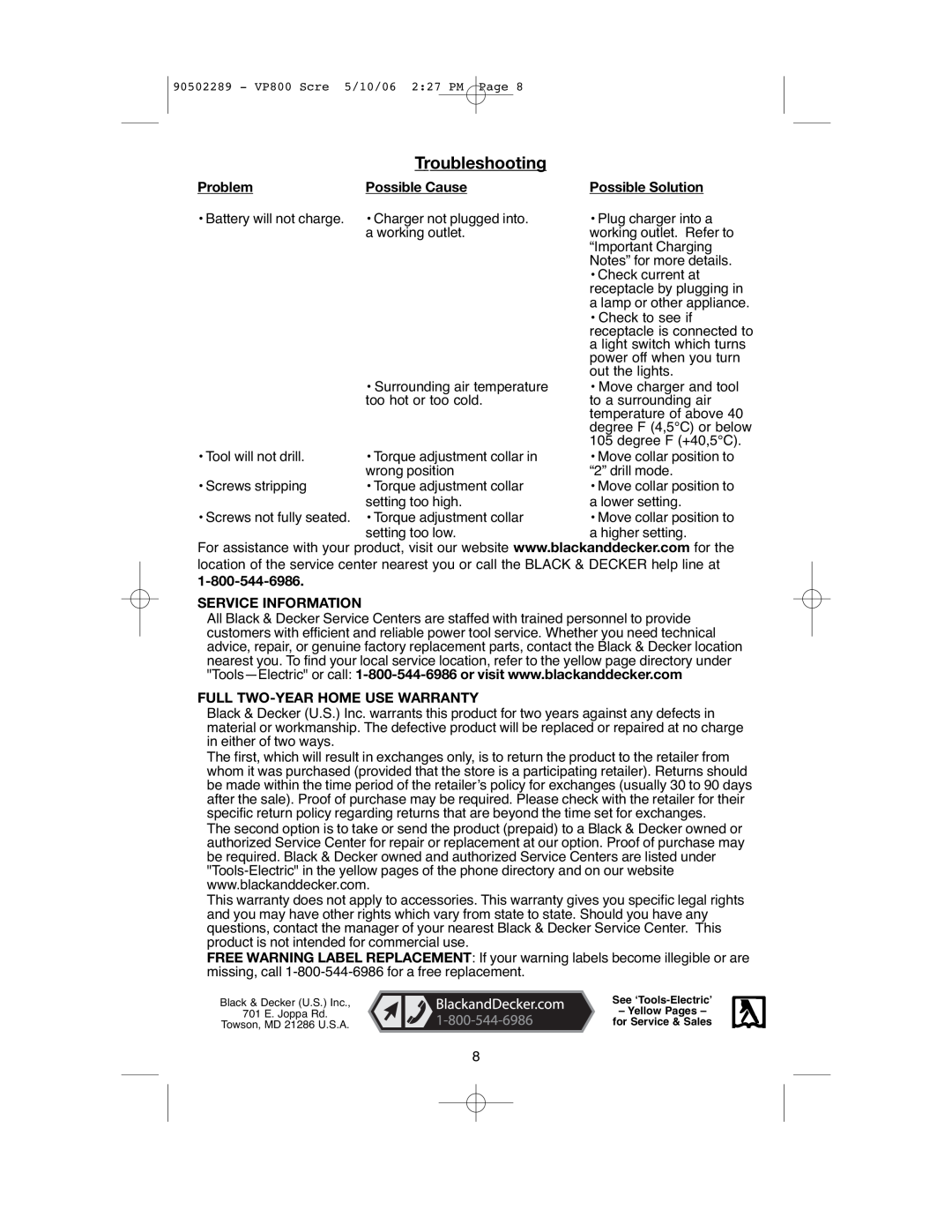 Black & Decker VP800 instruction manual Troubleshooting, Problem, Possible Cause, Possible Solution, Service Information 