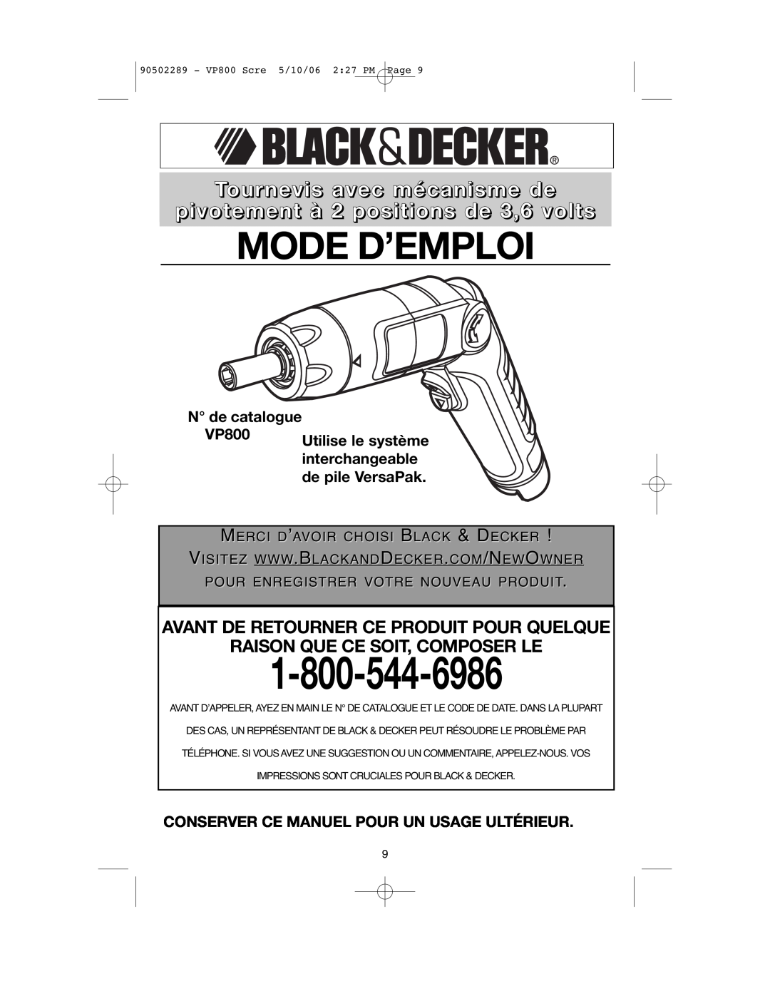 Black & Decker VP800 Mode D’Emploi, Tournevis avec mécanisme de pivotement à 2 positions de 3,6 volts, N de catalogue 