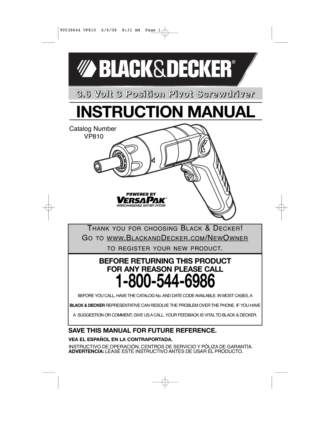 Black & Decker VP810 instruction manual Volt 3 Position Pivot Screwdriver, VEA EL Español EN LA Contraportada 