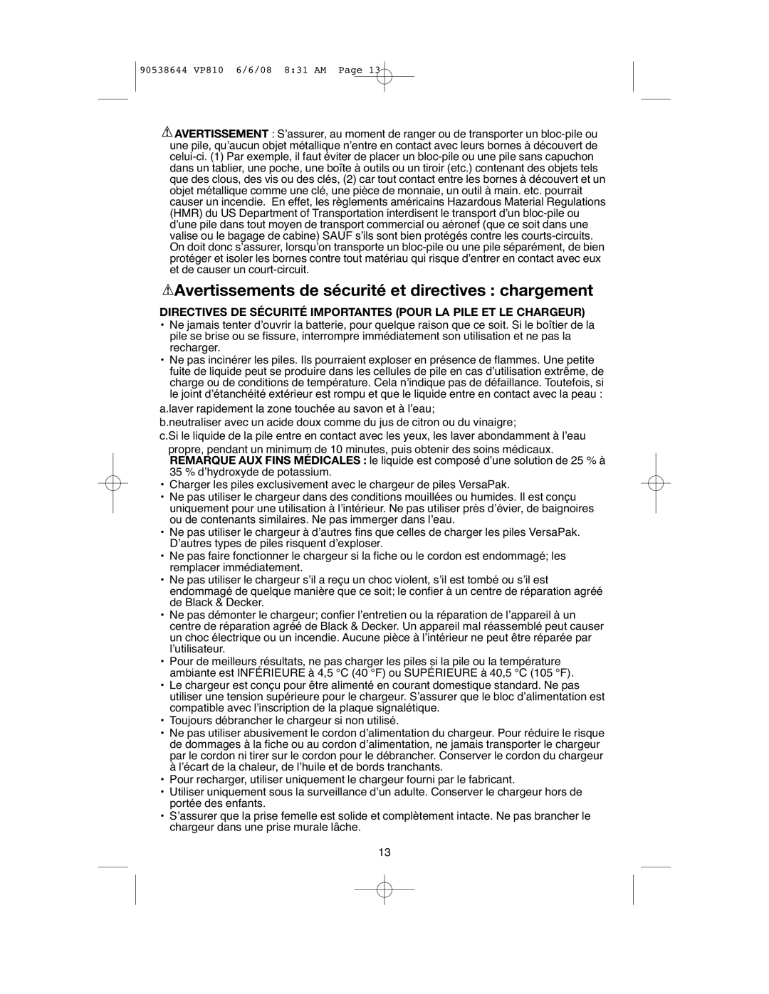 Black & Decker VP810 instruction manual Avertissements de sécurité et directives chargement 