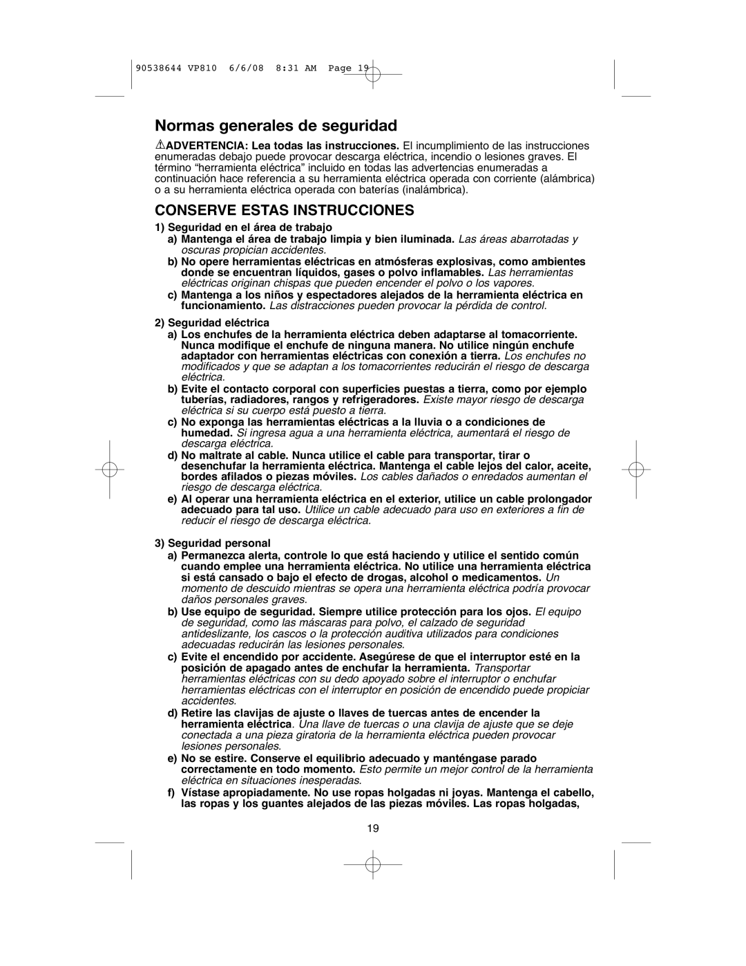 Black & Decker VP810 instruction manual Normas generales de seguridad, Conserve Estas Instrucciones 