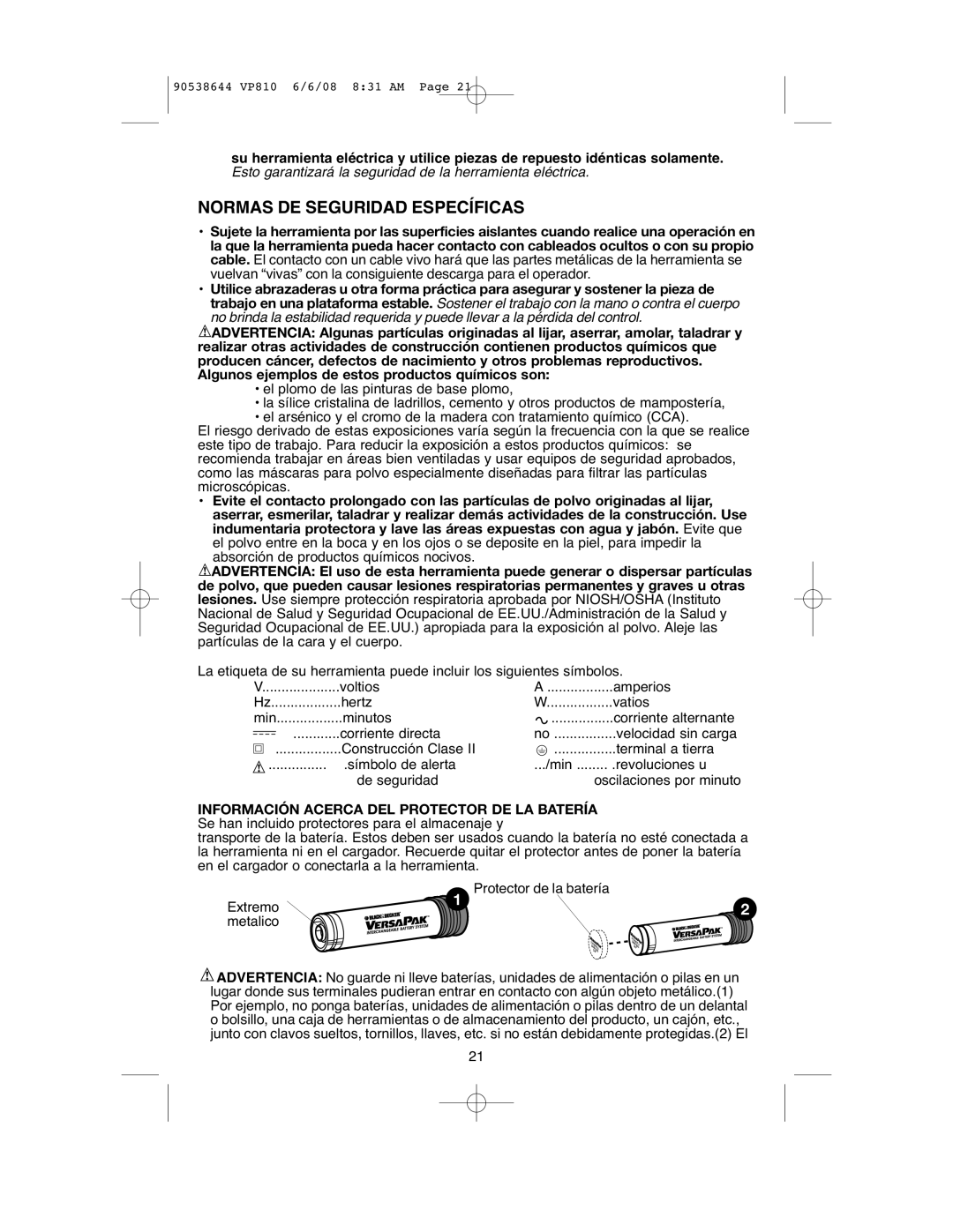 Black & Decker VP810 instruction manual Normas DE Seguridad Específicas 