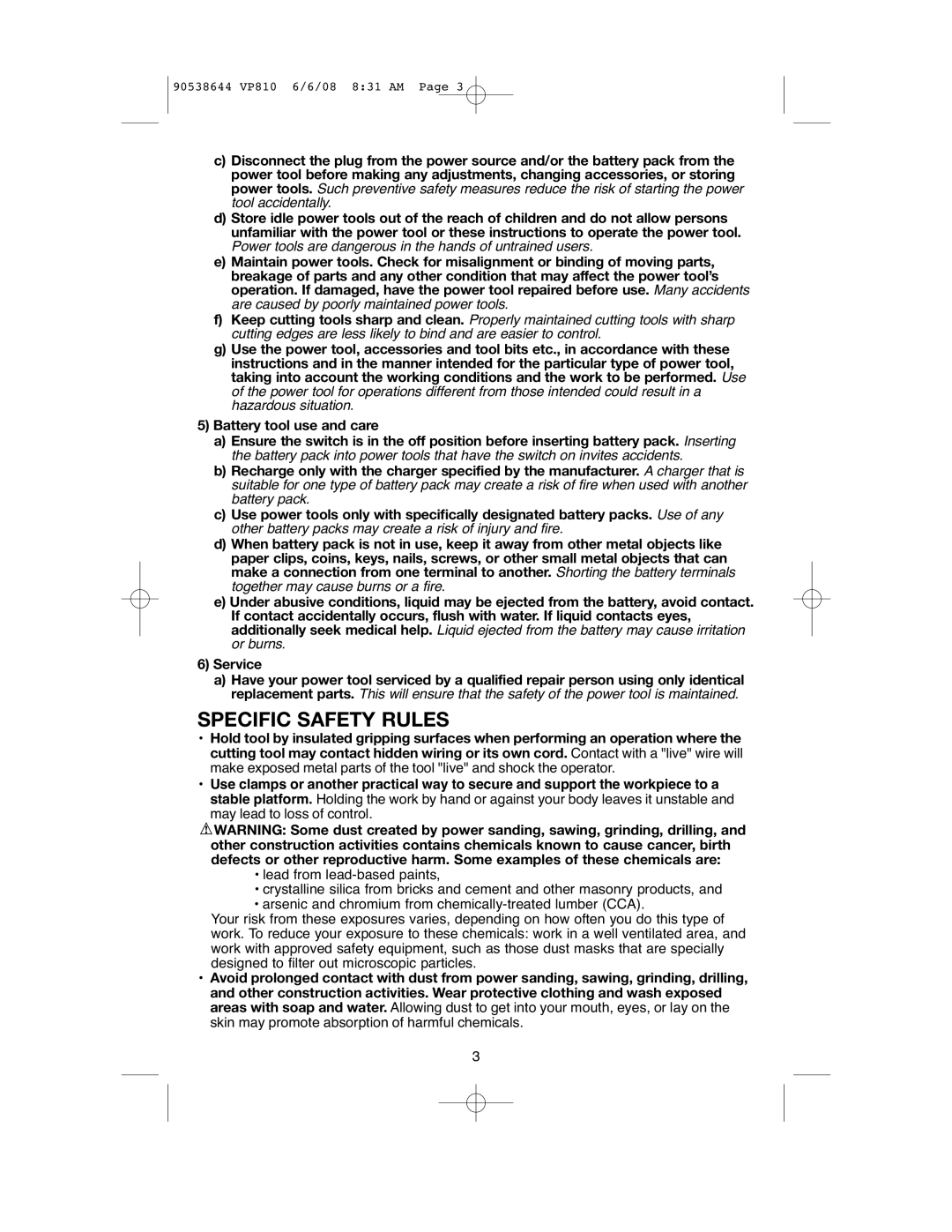 Black & Decker VP810 instruction manual Specific Safety Rules 