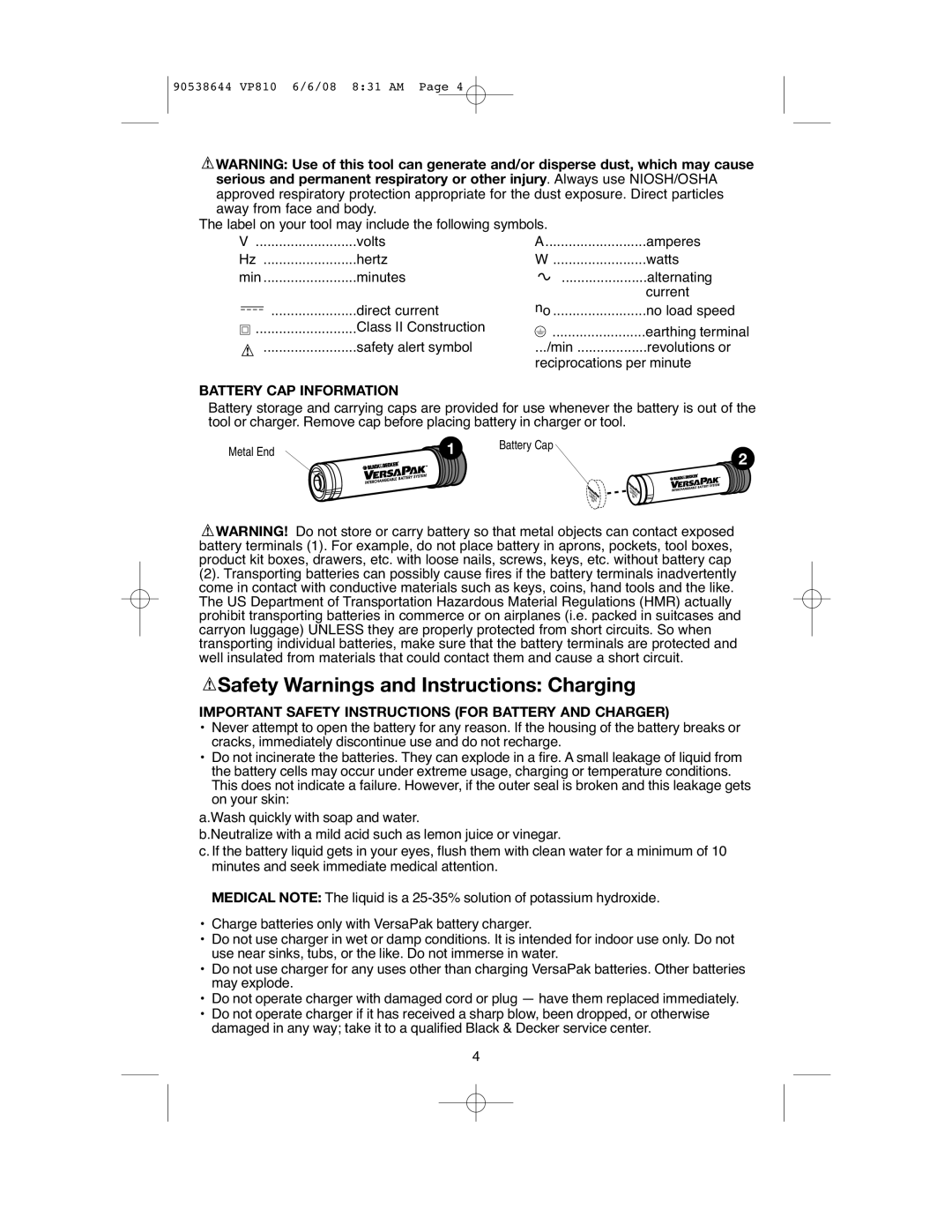 Black & Decker VP810 instruction manual Safety Warnings and Instructions Charging, Battery CAP Information 