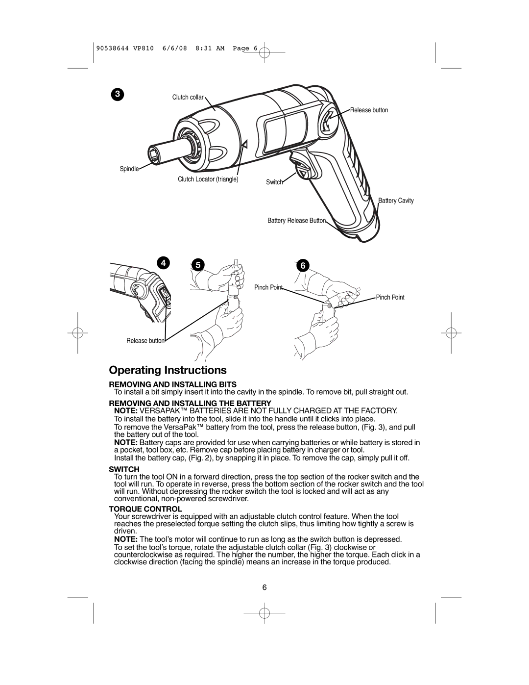 Black & Decker VP810 Operating Instructions, Removing and Installing Bits, Removing and Installing the Battery, Switch 