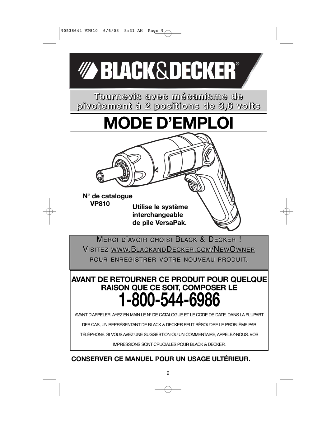 Black & Decker VP810 instruction manual Mode D’EMPLOI 