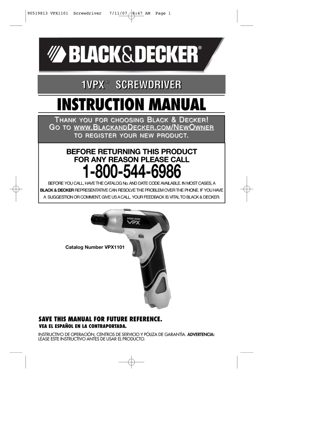 Black & Decker instruction manual Save this Manual for Future Reference, Catalog Number VPX1101 