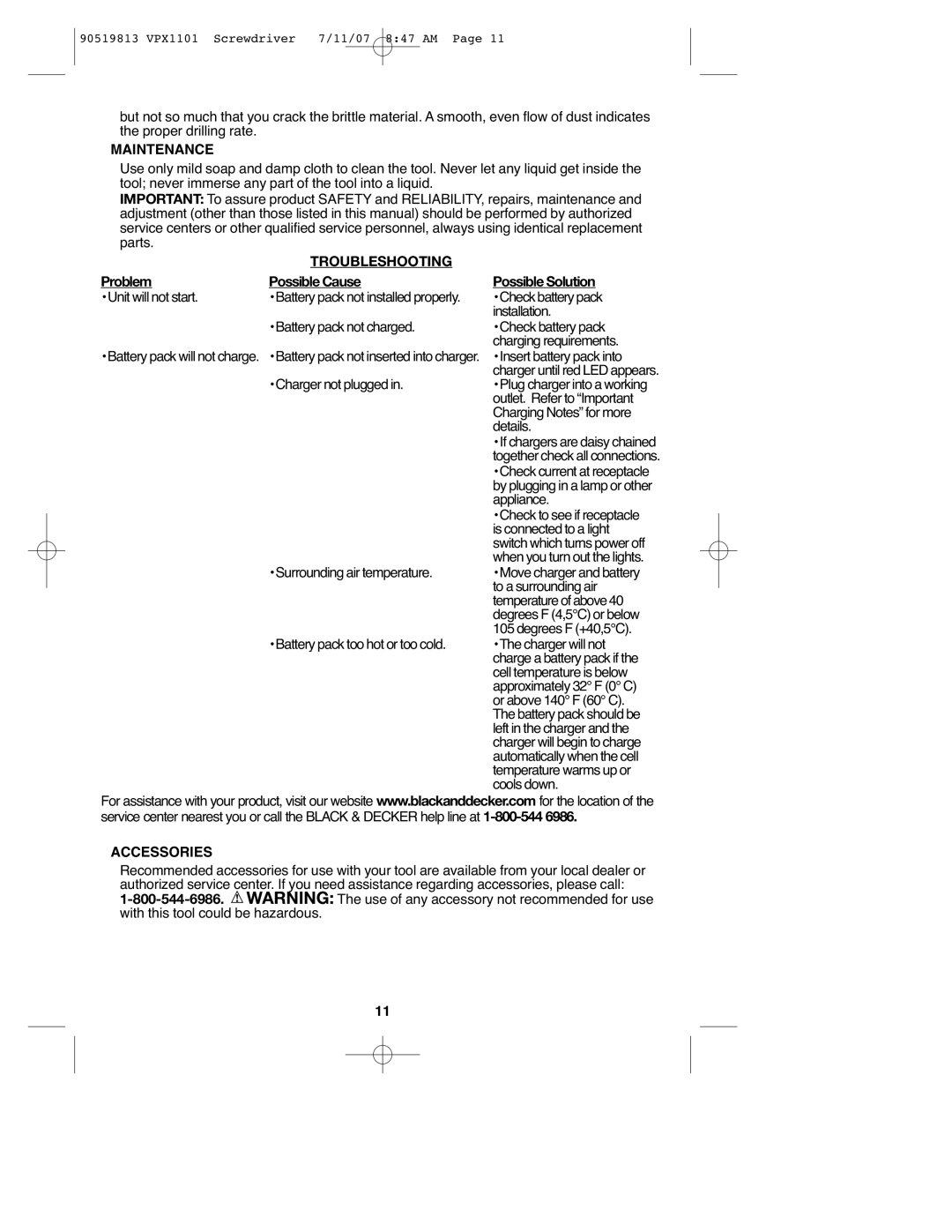 Black & Decker VPX1101 Maintenance, Troubleshooting, Problem Possible Cause Possible Solution, Accessories 